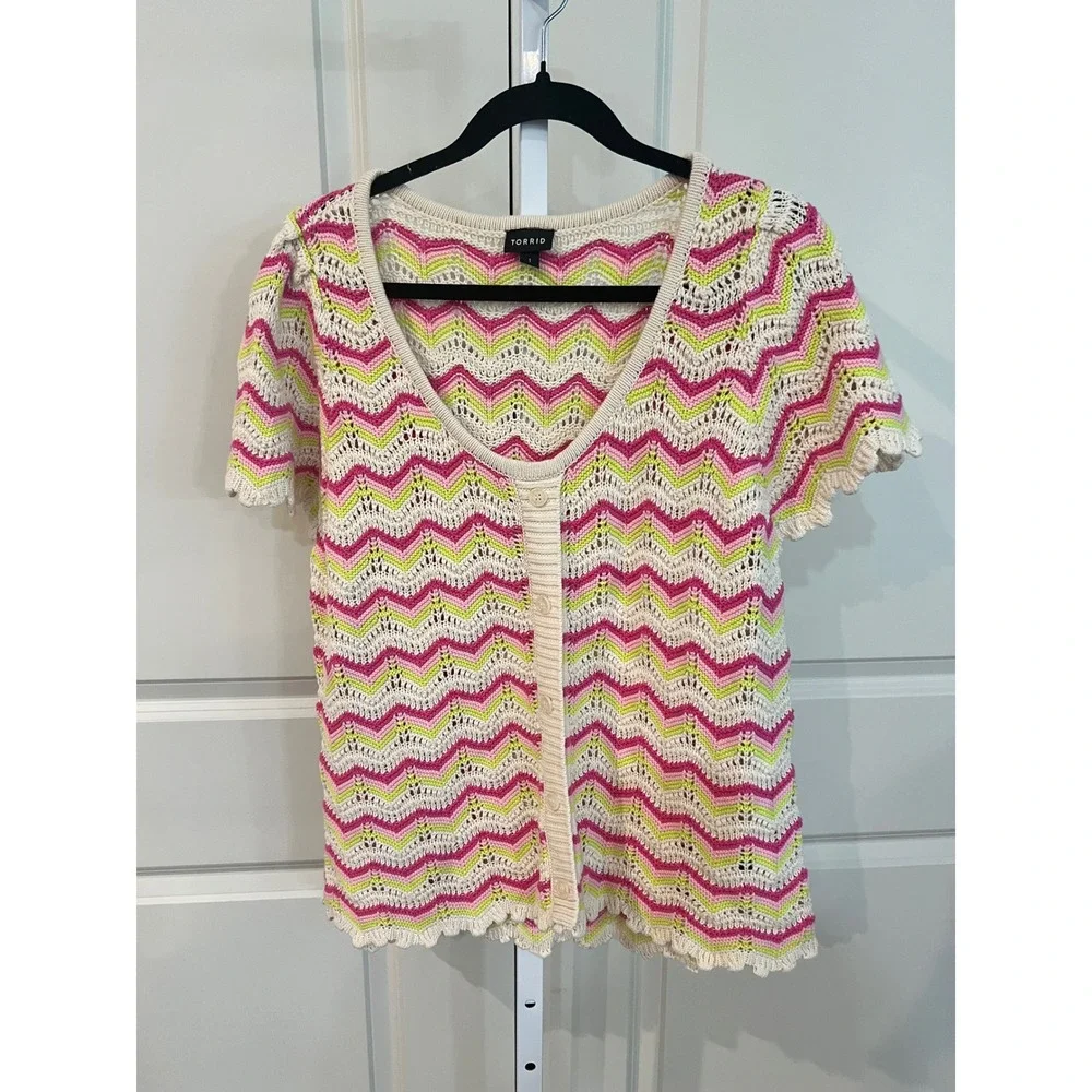 Torrid Pink Lime Green Chevron Crochet Cotton Short Sleeve Cardigan Sweater 1 - Picture 2 of 7